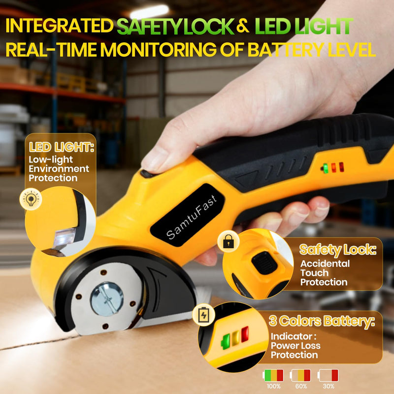 Cordless Electric Scissors, 4V Rechargeable Box Cutter Electric with Storage Box, 2 Blades, USB Charging Cable, Cardboard Cutter Electric for Cardboard Plastic Fabric Leather Carpet (Yellow) Yellow
