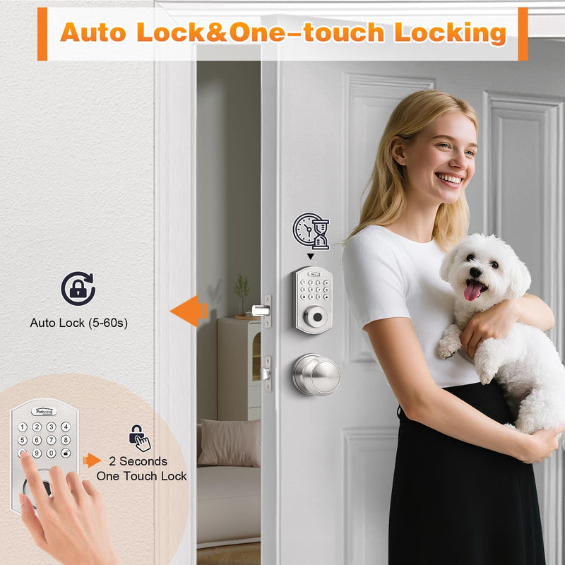 Probrico Smart Keyless Entry Door Lock with Knob Set, Fingerprint Digital Door Lock for Front Door, Door Knob with Electronic Keypad Deadbolt Lock, Auto Lock, App, Satin Nickel