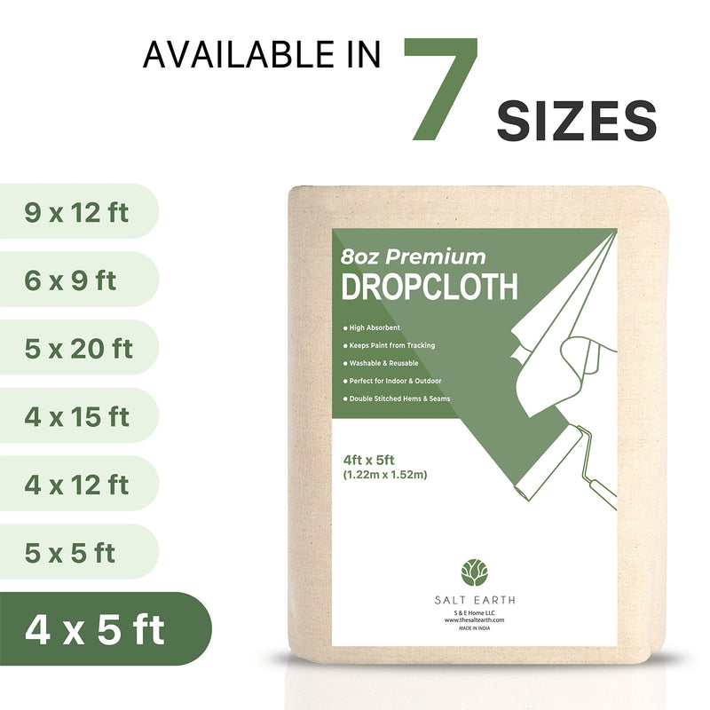 Canvas Drop Cloth by Salt Earth, Pack of 1 Reusable Paint Drop Cloth, 100% Recycled Cotton, All Purpose Painters Drop Cloth, Cotton Canvas Tarp Cover for Painter Furniture & Floor Protection (4x5 FT) 4x5