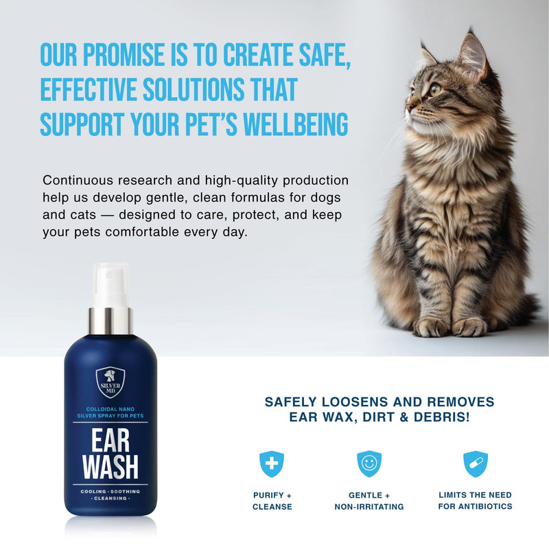 Pet Ear Wash Spray for Dogs & Cats, 8 oz Nano Silver Ear Cleaner, Gentle Ear Flush for Itchy Sensitive Ears, Soothing Cleansing Solution for Wax, Odor & Daily Ear Care