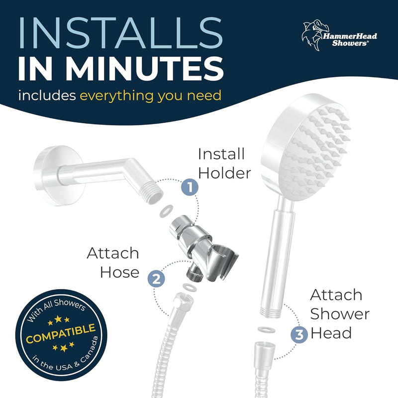 HammerHead Showers® ALL METAL Handheld Shower Head Holder - CHROME - Adjustable Shower Wand Holder with Universal Wall Hook Bracket and Pivot Ball - Hand Held Shower Head Holder - Shower Hose Holder