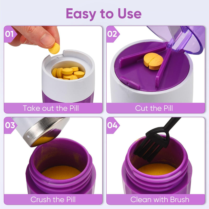 3-in-1 Pill Crusher and Pill Cutter, Pills Crusher Fine Powder with Stainless Steel Grinding Head, Pil Grinder with Storage for Tablets, Cutter Splitter for Small and Tiny Pills (Purple) Purple