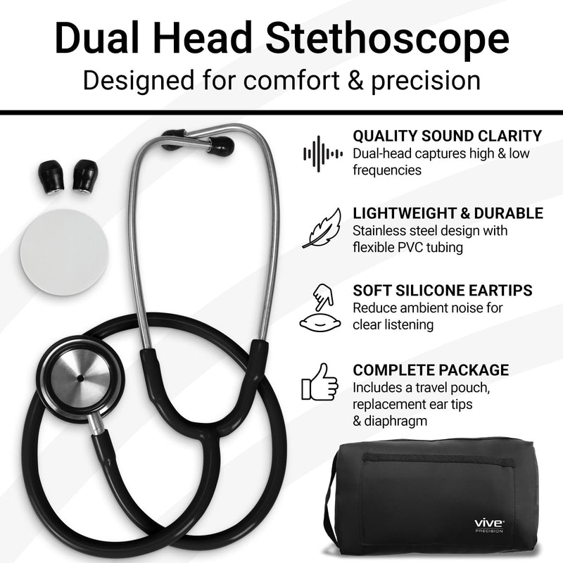 Dualhead Stethoscope - Dual Head Diaphragm Bell for Nurses, ER, Cardiology, Veterinary, Fetal Pediatrics Blood Pressure Kit - Double Barrel Chestpiece Device for Doctors, Students 1 Count (Pack of 1) Black