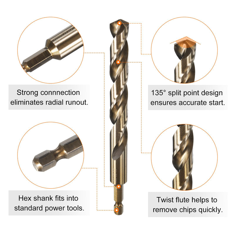 HARFINGTON 4pcs 1/4" Hex Shank Drill Bit 1/2" Gold Oxide M35 High Speed Steel Twist Drill Bit 135 Degree Split Point Tip Drilling Tool with Quick Change Hex Shank for Metal Wood Plastic 1/2 in 4