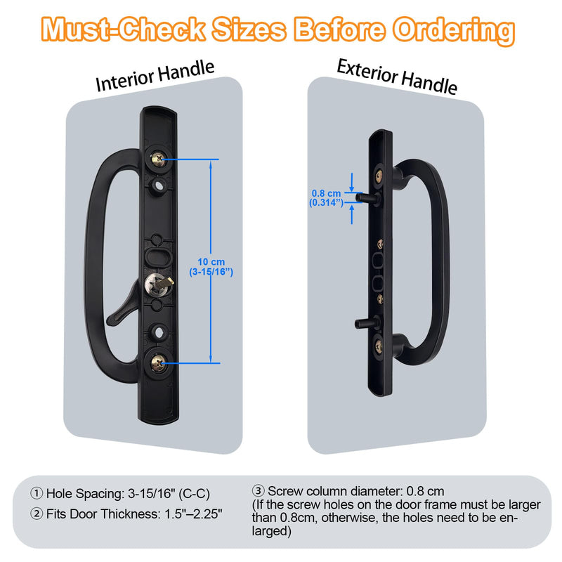 Offset Sliding Patio Door Handle Set, 3-15/16" Screw Hole Spacing, Reversible Non-Handed Sliding Glass Door Handle Replacement, Fits 1-3/8" to 2" Thick Doors, White (Black) Black