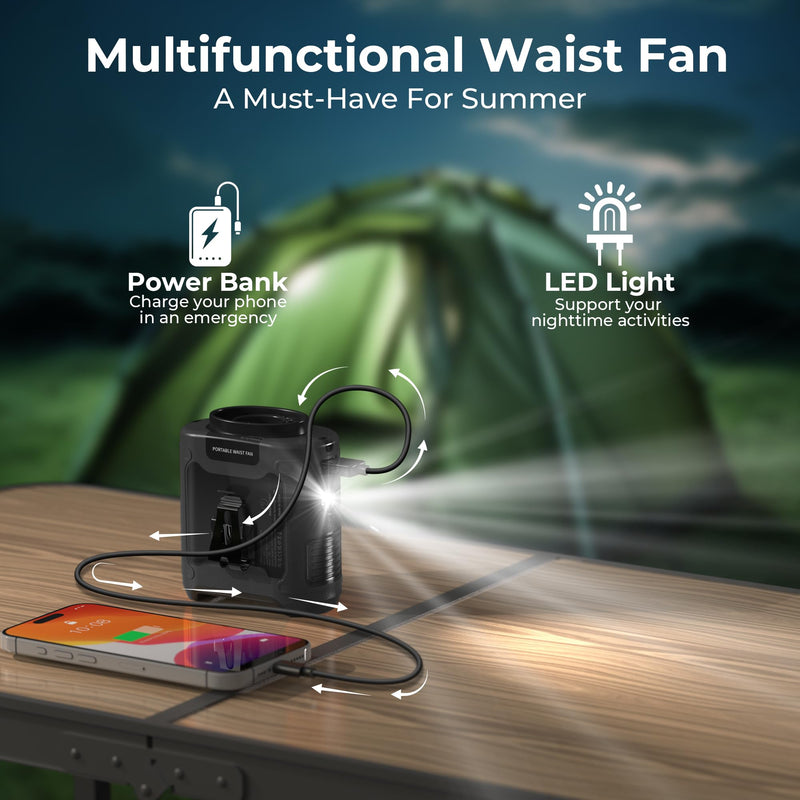 10000mAh Portable Waist Fan, Father's Day Gifts for Dad Husband, Blue Collar Worker Belt Clip Fan with Light, Essentials for Camping Gardening, 40H 16000RPM Rechargeable Cooling Gadgets for Men 2026 Black 10000mAh