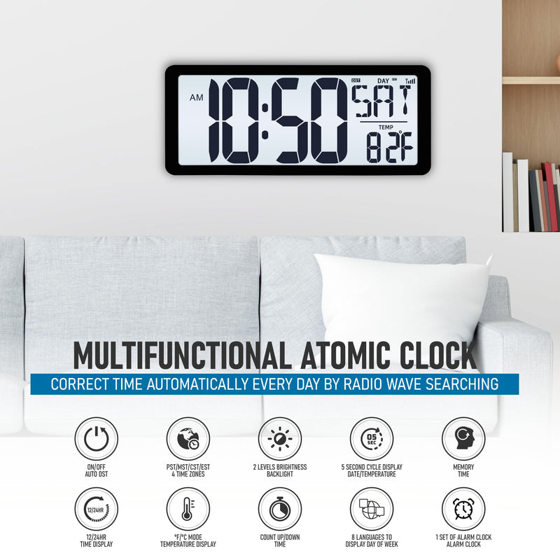TXL Atomic Clock with Backlight, 14.2" Large Digital Wall Clock Battery Operated, Digital Clock Large Display with Day, Date & Temperature, Large Wall Clock for Bedroom, Livingroom, Office Black Atomic Backlight-14.2in