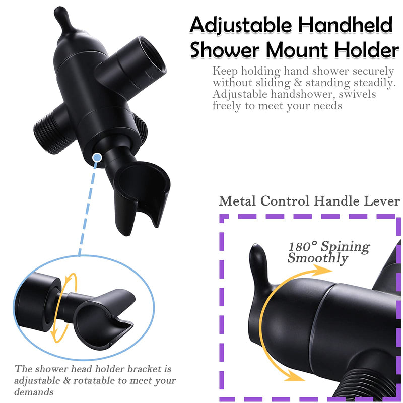 Shower Arm Diverter with Handshower Mount, G1/2 Brass 3 Way Shower Diverter Valve Bathroom Universal Shower System Replacement for Handheld Shower and Fixed Shower Head(Matte Black) Swivel Mount Matte Black