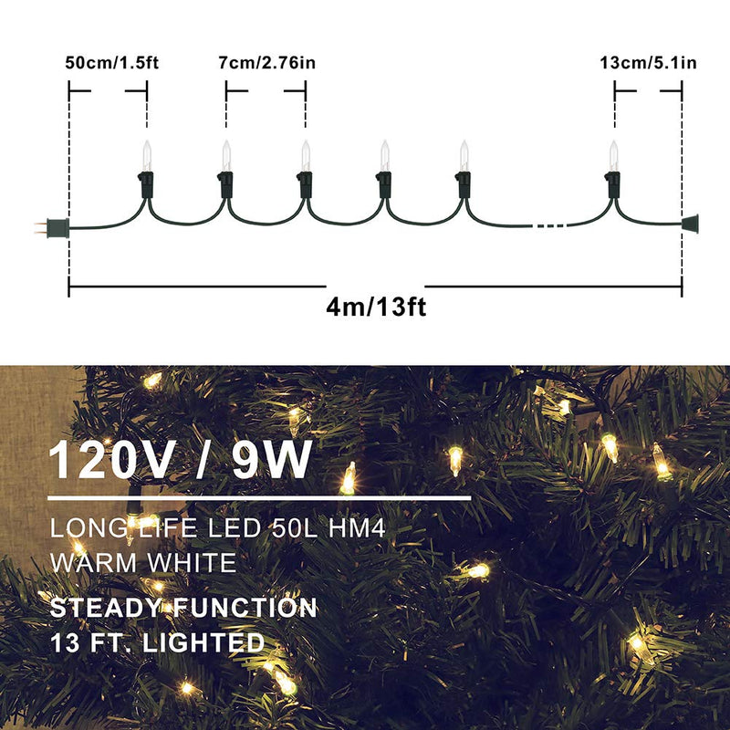 Hopolon 2-Pack 13ft 50-Count Warm White & Clear Green Christmas Lights - Connectable 120V UL Incandescent Mini Lights for Weddings, Bedrooms, Porches 50L Warm White 50 LED