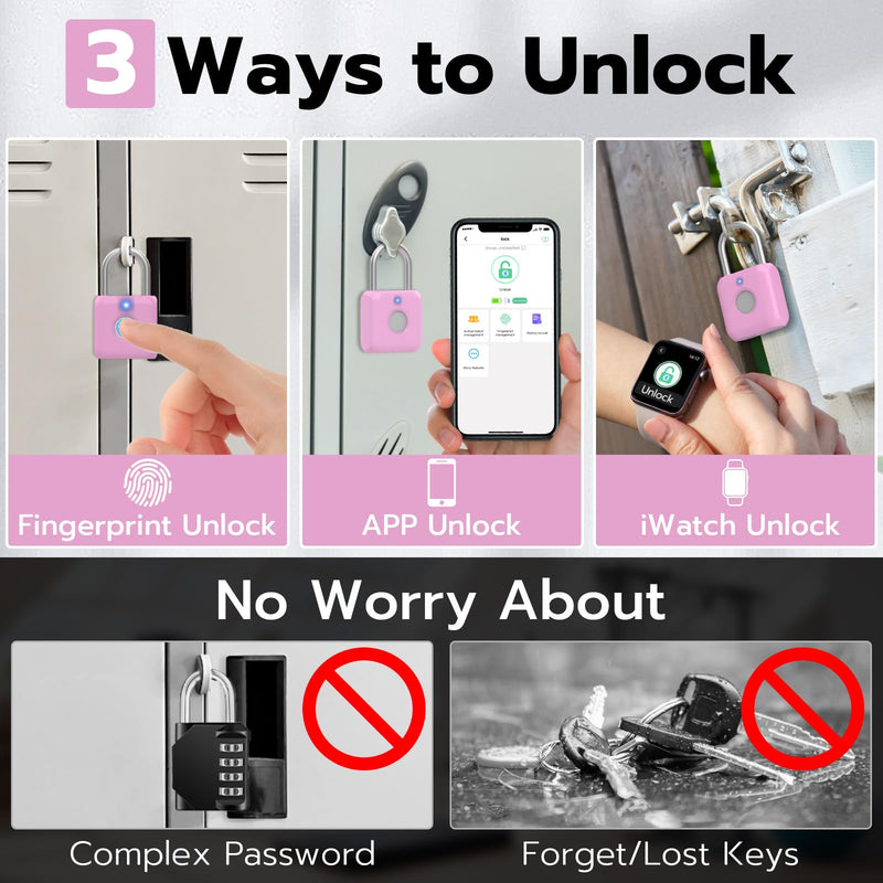 Fingerprint Padlock,Smart Padlock with APP Unlock,Fingerprint Locker Lock,USB Rechargeable for Gym Locker,Locker, School,Storage, Luggage Pink