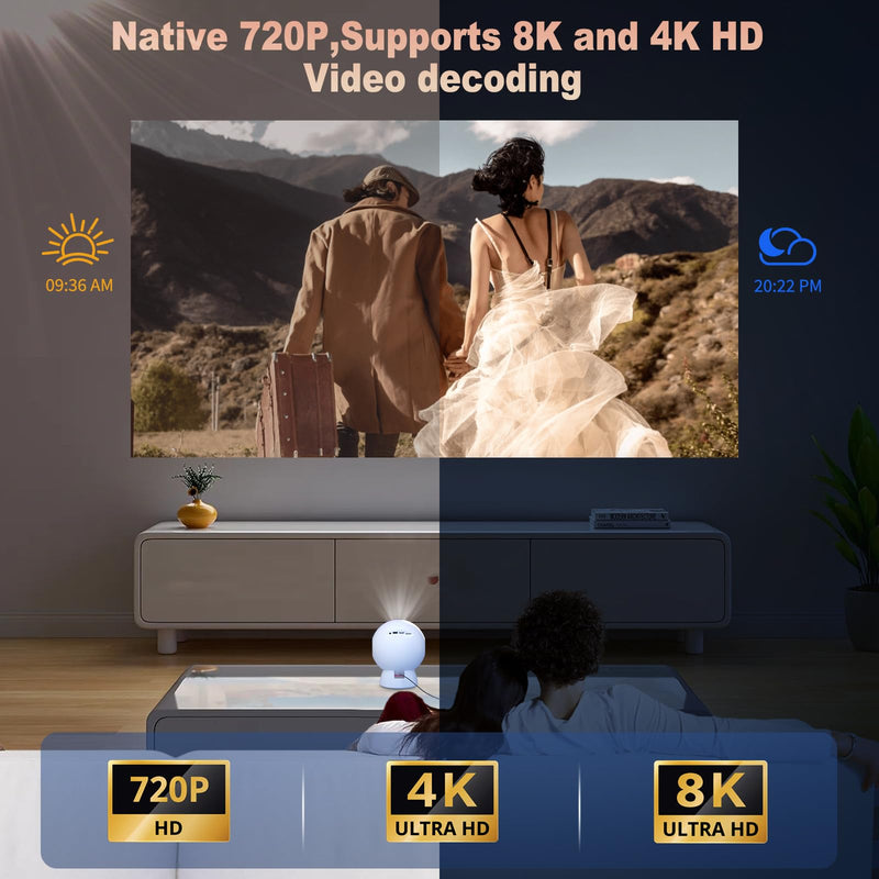 Mini projector，Smart Projector with Wifi and Bluetooth，Auto Focus，Built-in Android System,HiFi Speaker，Support 4k 1080HD Decoding ，Portable Projector Ideal for Home Outdoor Meetings