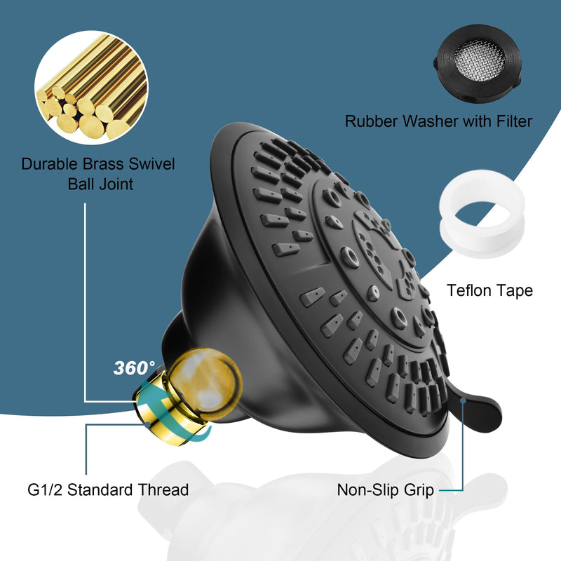 BRIGHT SHOWERS High Pressure Rain Shower Head, Fixed Shower Head with 5 Spray Settings, Adjustable Angle and Anti-Clog Nozzles, Matte Black (1.8 GPM) 5 Spray Settings