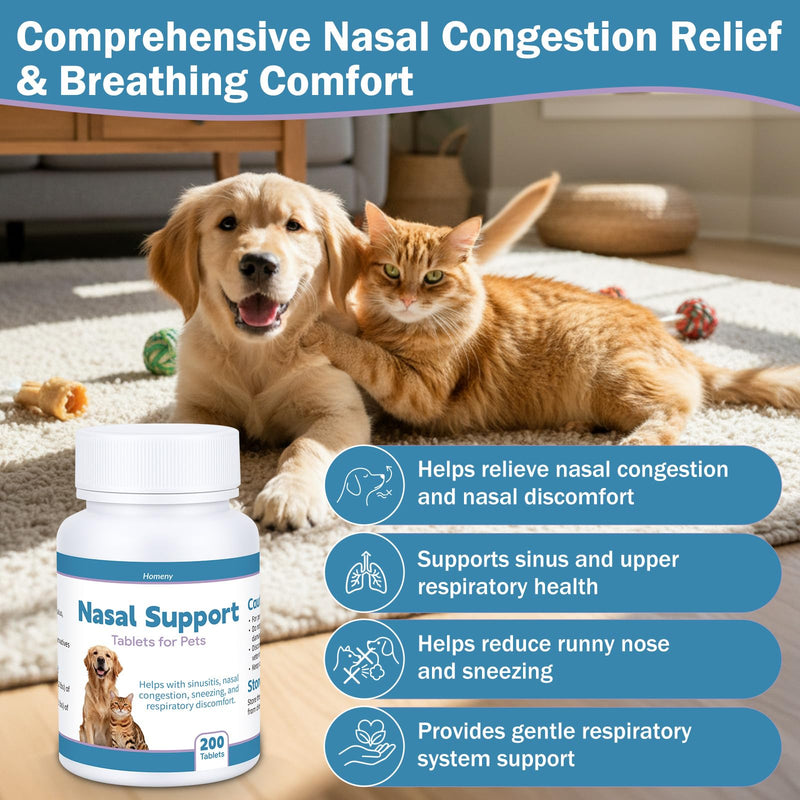 Nasal Congestion Relief for Cats and Dogs, Sinus Support Supplement for Pets, Congestion and Sneezing Relief & Clear Breathing Respiratory Comfort, Natural Formula for Cats and Dogs 200 Tablets