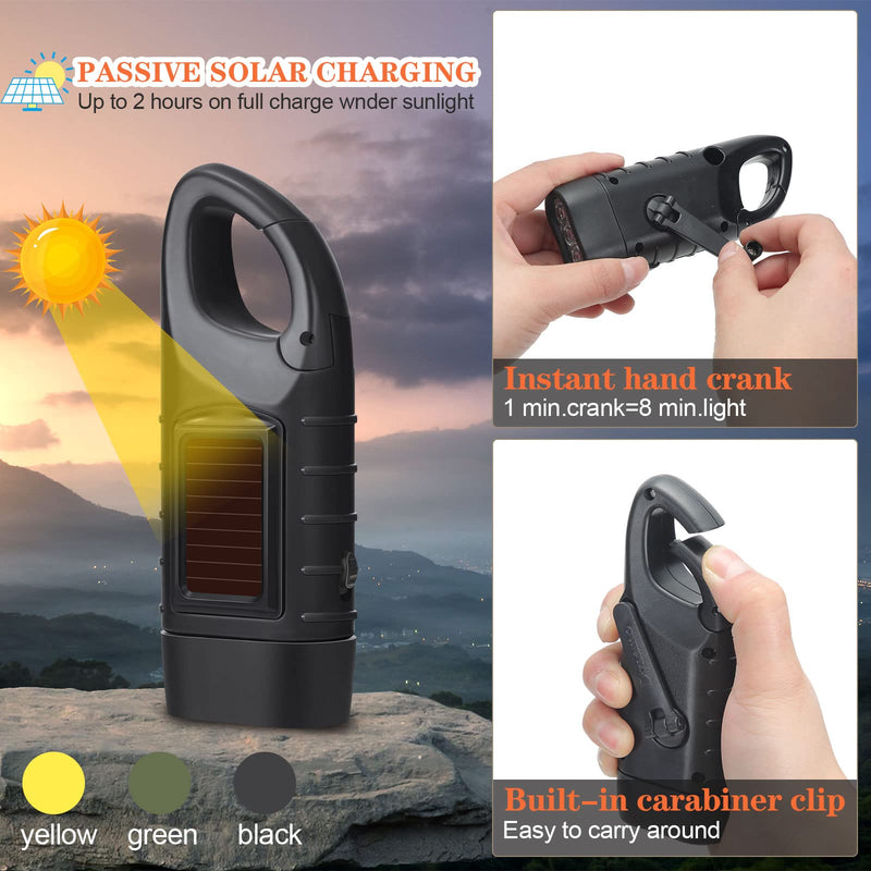 Mudder 6 Pcs Hand Crank Solar Powered Flashlights Emergency Rechargeable LED Handheld Flashlights for Survival Gear Outdoor Sports Camping Hiking Backpack Safety(Green Yellow Black) Green Yellow Black