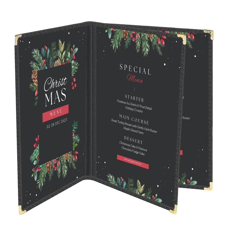 Flexzion Menu Covers 8.5 x 11 Inch - Book Style Menu Holders for Restaurant, Hotel, Cafe, Bar & Pubs - Transparent Clear Menu Covers with 3 Page 6 View, (30 Packs) Menu Folders with Gold Metal Corner 1 Pack
