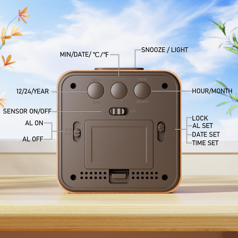 CHEREEKI Battery Operated Clock with Real Wood Case, Loud Alarm, Snooze, Automatic Light Sensor, Temperature, Date and Day of the Week Display (3 AAA Batteries Included)