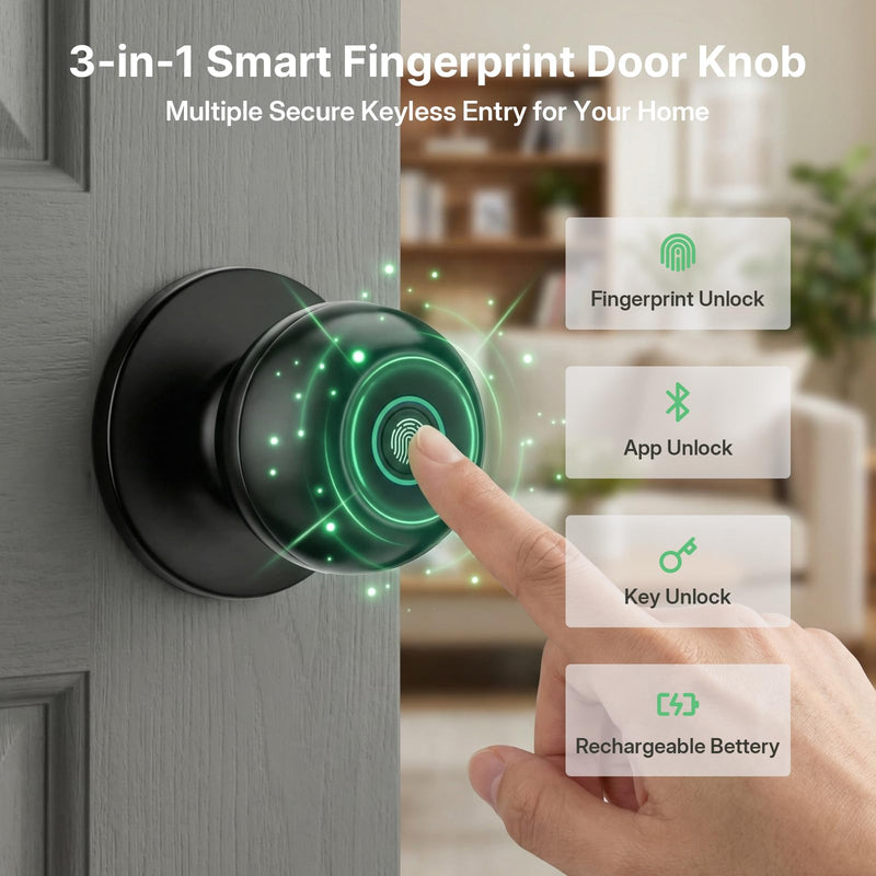 Fingerprint Door Knob, Smart Door Knob Lock with Bluetooth App Control and Backup Keys, 3-in-1 Biometric Door Lock for Bedroom, Home Office and Apartment, Matte Black