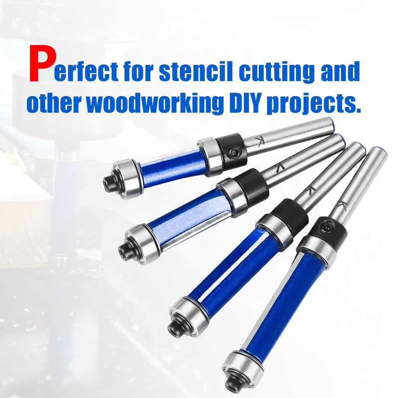 4Pcs Top and Bottom Bearing Flush Trim Router Bits Set 1/4 Inch Shank, Carbide Pattern Flush Trim Cut Router bit, 1/2 Inch Cutting Diameter, 3/4", 1", 1-1/4", 1-1/2" Inch Cutting Length 4Pcs Bits Set -1/4" Shank Top and Bottom Bearing Flush Trim Bits