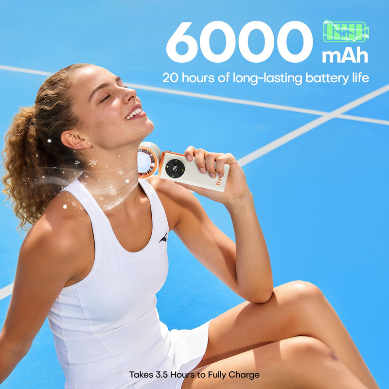 6000mAh Portable Handheld Fan with Ice Cooling, 199 Levels Stepless Speed, 20H Long Battery Life, 20000RPM Turbo Fan Rechargeable Personal Mini Fan for Travel, Outdoor, Makeup (White) White