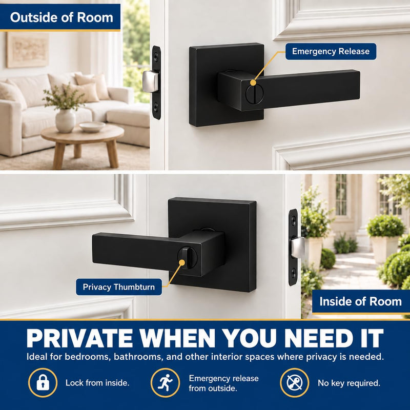 Matte Black Privacy Door Levers Interior 6 Pack, Modern Square Door Handles with Lock, Keyless Emergency Release for Bedroom & Bathroom, Reversible, Fits 1-3/8" to 1-3/4" Door Thickness