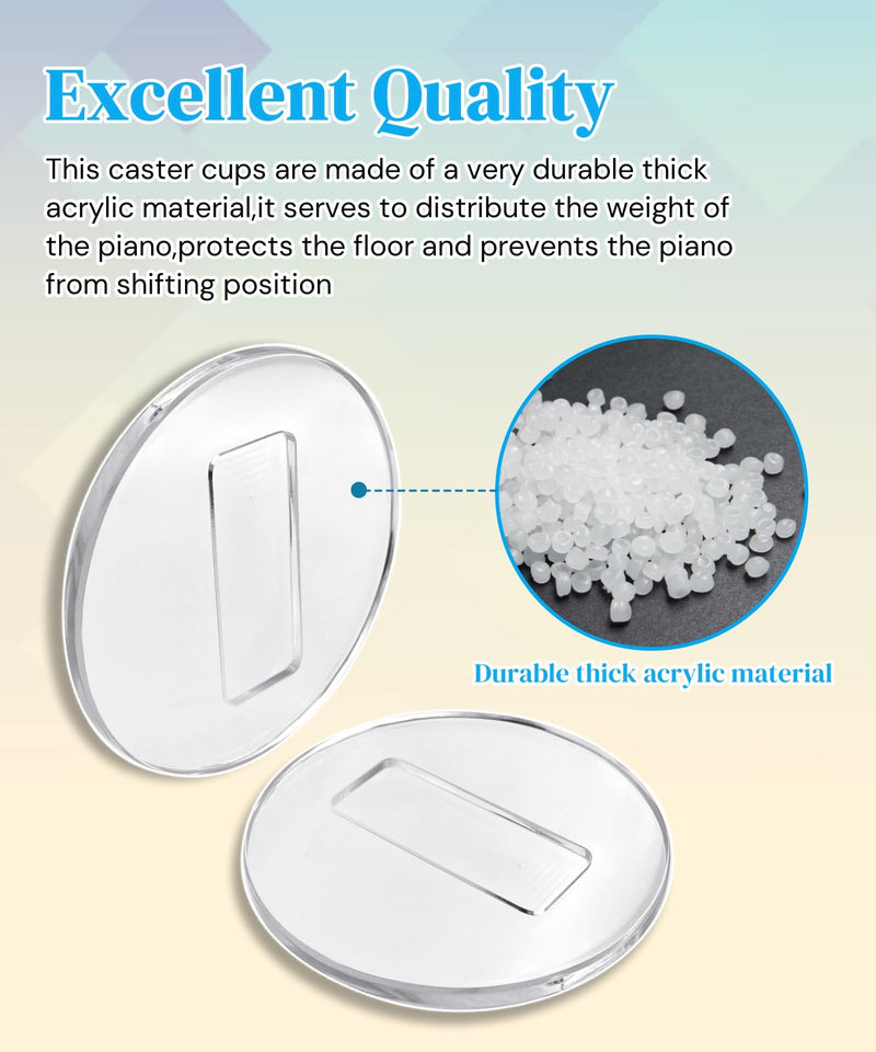 4" Clear Piano Caster Cups(with Dust Cloth) Fits for Grand Piano and Baby Grand Piano,Piano Caster Piano Leg Floor Protectors Fits for Hardwood Floor and Carpet,Set of 3