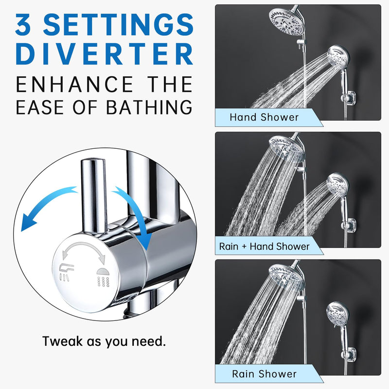 G-Promise All Metal Shower Diverter, Handheld Holder Included, 3-Way Diverter for Handheld and Fixed Shower Head ∣3-Settings Universal Bathing System Replacement Part(Chrome)