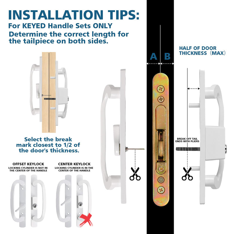 Keyed Sliding Patio Door Handleset, 45° Keyway, 3-15/16" H.C., Fits 1-3/8" to 2" Thick Doors, Non-Handed, White Diecast, Offset Position with Mortise Lock and Keeper｜Off Center Thumb Latch Keyed With Latch Lock+Keeper