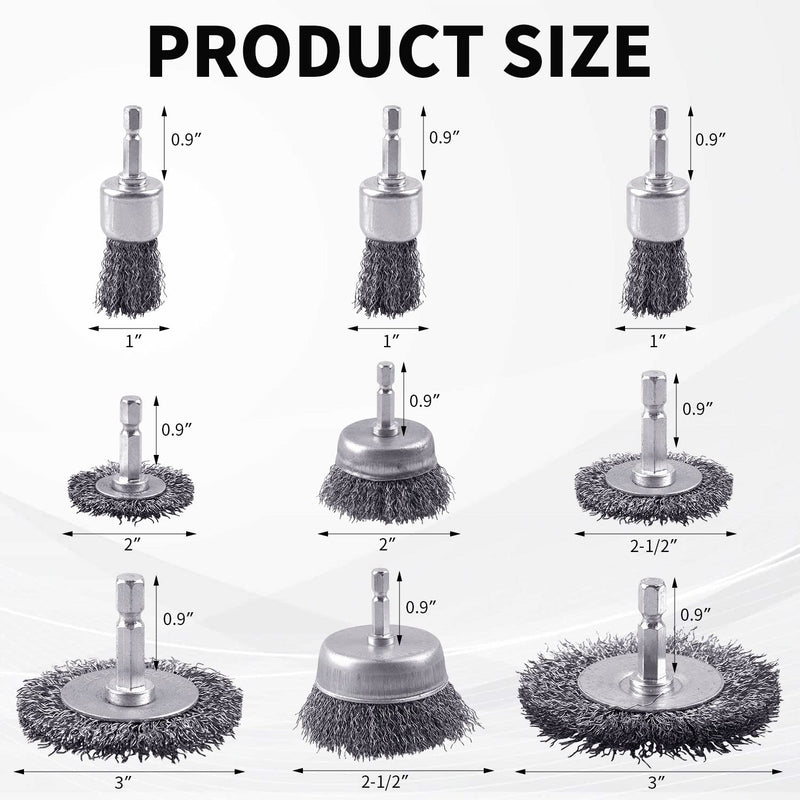 9 Pack Wire Brush for Drill Set, Wire Wheel for Drill 1/4 Inch Hex Shank,Wire Cup Brush for Drill, Wire Brushes for Cleaning Rust 9 PCS