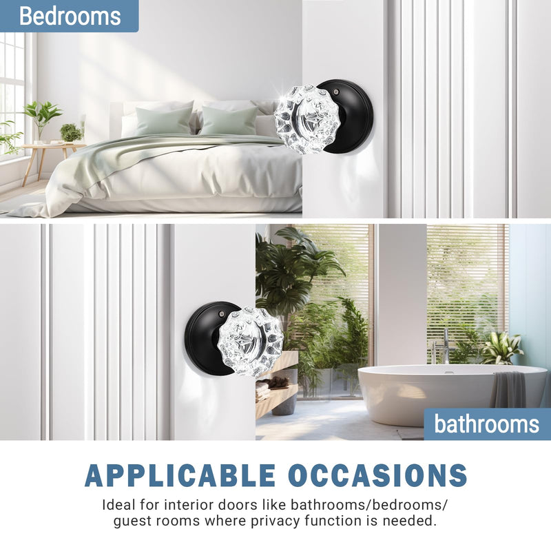 KNOBWELL Privacy Glass Door Knob Crystal Regency Fluted Door Knobset with Victorian Rosette in Matte Black, Bedroom Bathroom Door Knobs 2 Pack