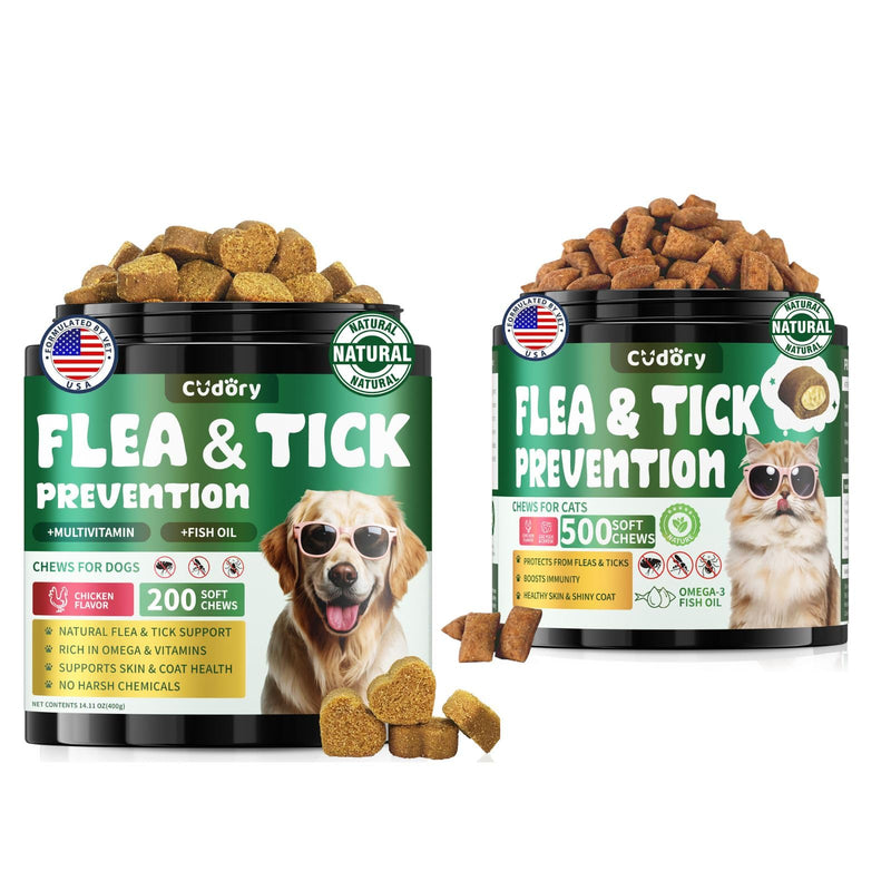 Flea and Tick Prevention for Dogs & Flea and Tick Prevention for Cats, Flea and Tick Support with Vitamins & Fish Oil, Oral Flea Chews Supplement -All Breeds