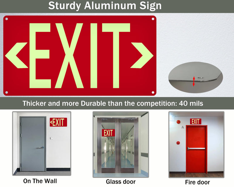(2 Pack) Photoluminescent Exit Sign Red - with Removable Directional Arrows, With strong self adhesive tape, 14.25 x 7.5 Inches Heavy Duty Aluminum Signs, Fade Resistant 2pack
