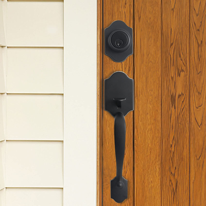 Door Handle Set - Matte Black Exterior Handle Lever for Front or Office Door (L16511-B-S721) Traditional (Wave-Like Lever)