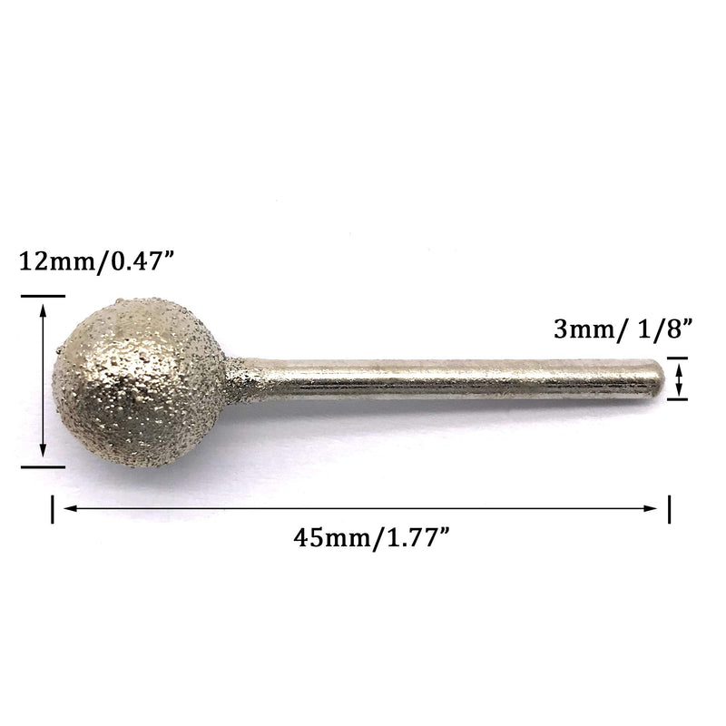 10Pcs Diamond Mounted Point, 12mm Ball Head, 3mm Shank, Diamond Grinding Bit Rotary Burrs, for Jade Stone Jewelry Ceramic Carving Polishing
