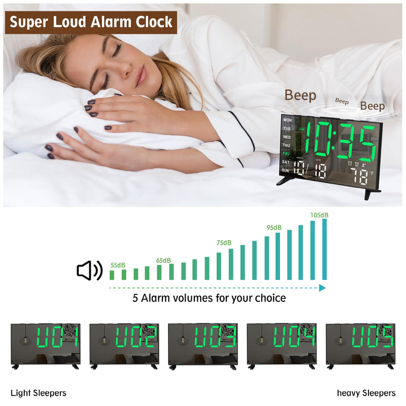 Mirror Digital Loud Alarm Clock with with Date,Indoor Temperature,USB Charging Port,Dimmer,Adjustable Volum,12/24H,Snooze,Dual Alarms (Weekday/Weekend),Perfect for Bedroom and Living Room Black+green Digit