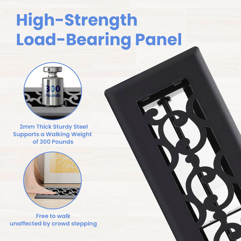 2x10 Inches Heavy Duty Walkable Floor Register - Easy Adjust Air Supply Lever Decorative Floor Vent Covers - Savannah Design Vent Covers for Home - Matte Black 2x10 Inches