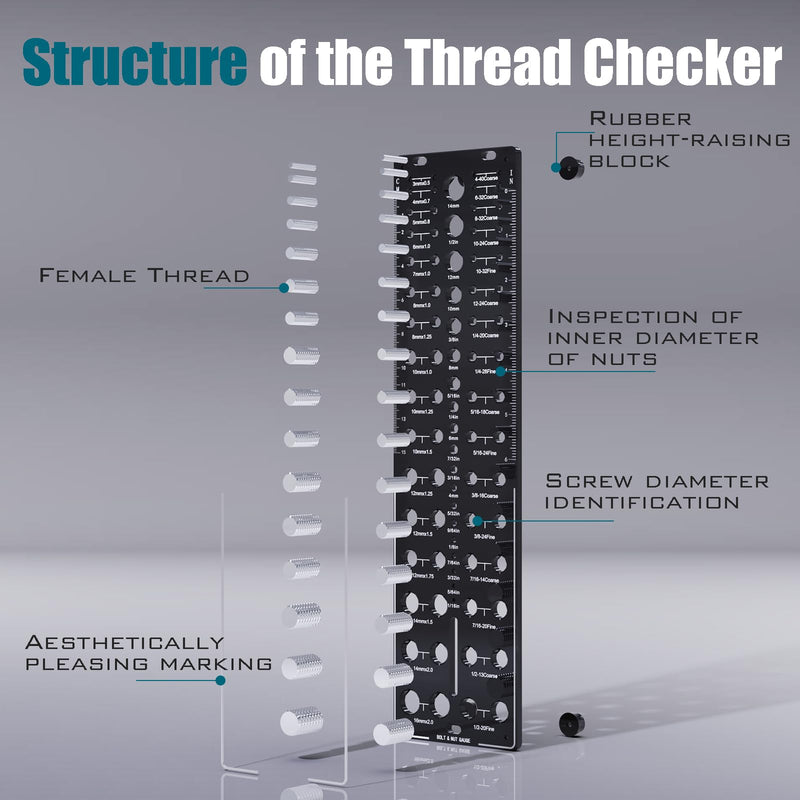 Thread Checker, 32 Nut and Bolt Thread Checker, Bolt Size and Thread Gauge 16Standard & 16 Metric, Bolt Size Finder, Wall-Mountable Bolt Thread Identifier Gauge with Inch & CM Ruler