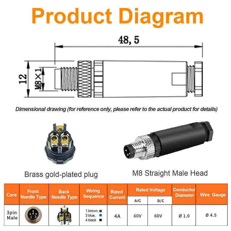 10Pcs M8 3-Pin Aviation Connector Male, Industrial A Coding Field Assembly Plug 8mm IP67 Waterproof for Circular Socket Panel Sensor 3 Pins M8 Straight Male