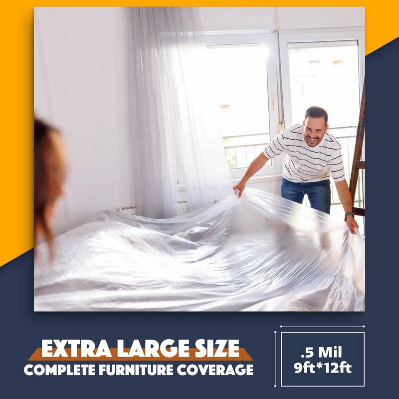 6Pcs 9x12 Ft Extra Large Plastic Drop Cloths, Waterproof & Dust-Proof Tarp for Painting, Disposable Sheeting for Furniture, Floor, and Couch Protection - Durable Painter’s Cover 6 PCS