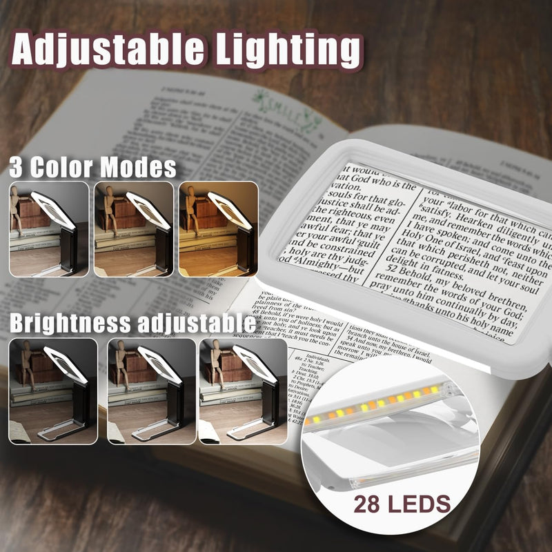 15X Magnifying Glass with Light and Stand, Real Glass Lens, Rechargeable Foldable Handheld Magnifier, 3 Color Modes Dimmable Lighted Page Magnifier for Reading Fine Prints, Low Vision Seniors White Black 15X