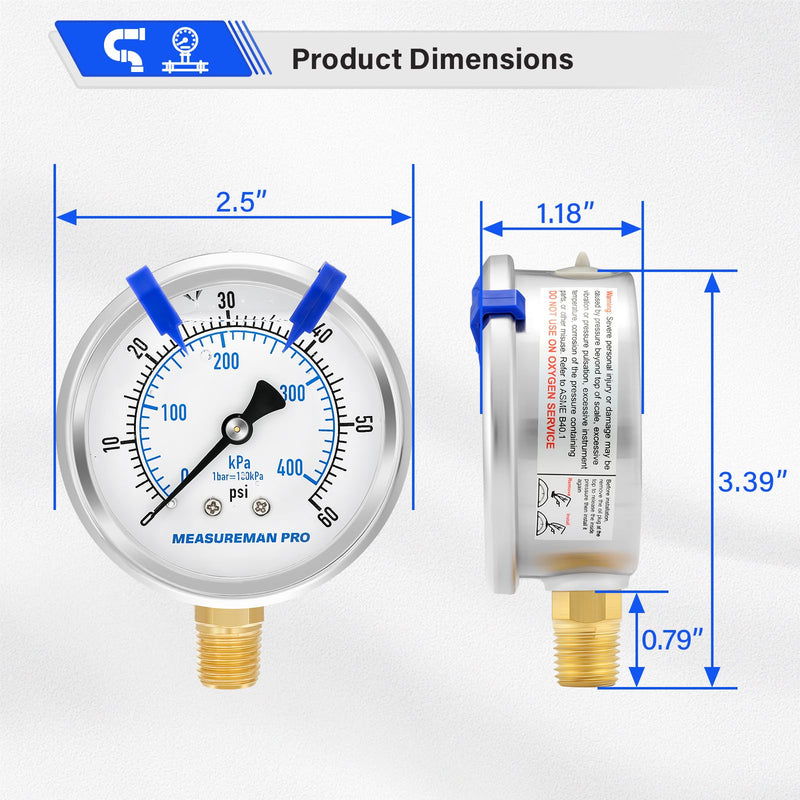 MEASUREMAN PRO 2.5'' Glycerin Filled Pressure Gauge, 0-60psi/kpa, 304 Stainless Steel Case, 1/4" NPT Lower Mount,for Pool Sand Filter, Water Pump, Propane, Coolant, CO2, Gas Test 2.5'' (Lower Mount) 0-60 psi