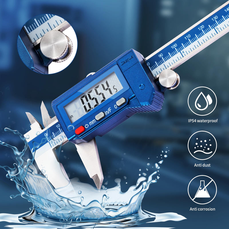Dasqua Digital Caliper 6", IP54 Stainless Steel Water Resistant Caliper with Large LCD Display and Storage Case, Easy Switch Between Inch/Metric/Fraction, Accuracy 0.001'', Precision Measuring Tool 6“IP54