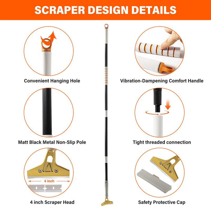 Gomake 4" Wide Razor Blade Scraper Tool with Adjustable 16''-58"(1.3ft -4.8ft) Long Handle, 20PCS Extra Metal Blades, Cleaning Glass Wall Scraper, Painting stripping tools, Tile, Floors, Walls
