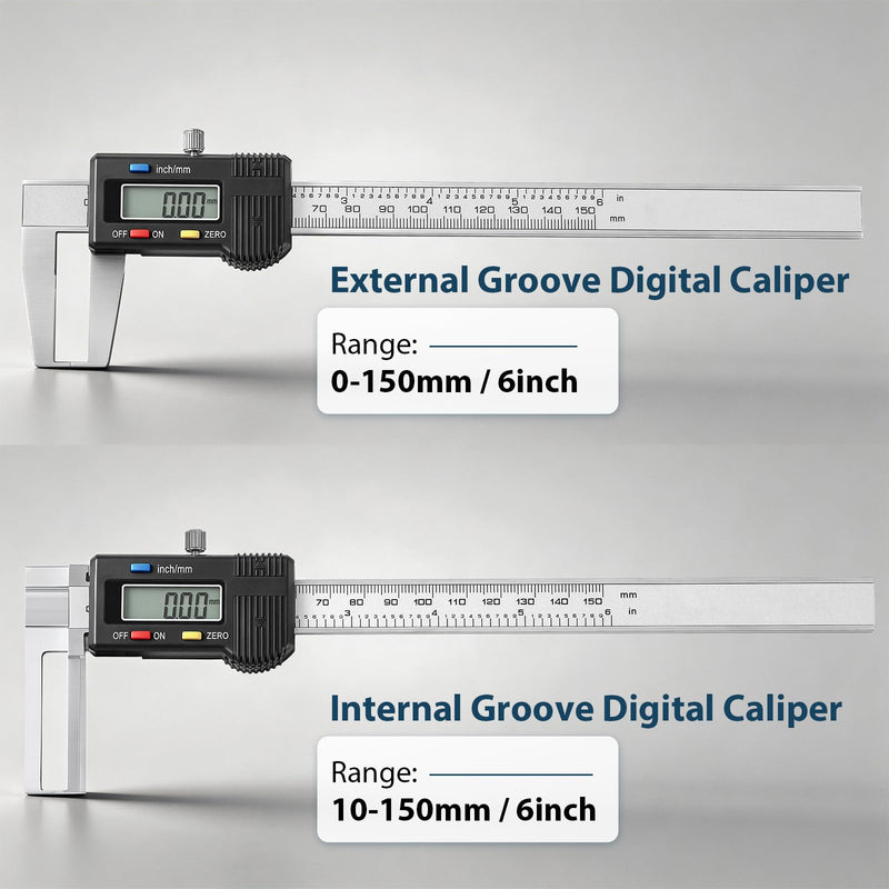 Internal Groove Digital Caliper 150mm/ 6" | High-Precision Outer Groove Measuring Tool, LCD Display Stainless Steel Body, Storage Case, Smooth Sliding Track Sliver Internal Groove / 6"