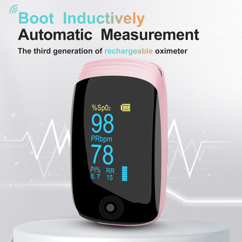 Fingertip Pulse Oximeter with Respiration Rate Monitoring, SpO2, Heart Rate, PI & RR Measurements, Blood Oxygen Rechargeable OLED Display with 6 Modes & 4-Way Rotatable Screen (Pink)