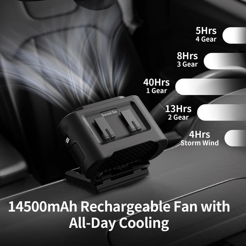 Socool Portable Car Fan - 14500mAh Rechargeable Battery Opearated, Clip on Car Seat Headrest 360 Rotatable, 5-Speed Backseat Fans for Baby Rear Facing Cooling with Dual Air Outlets for SUV RV Truck Black