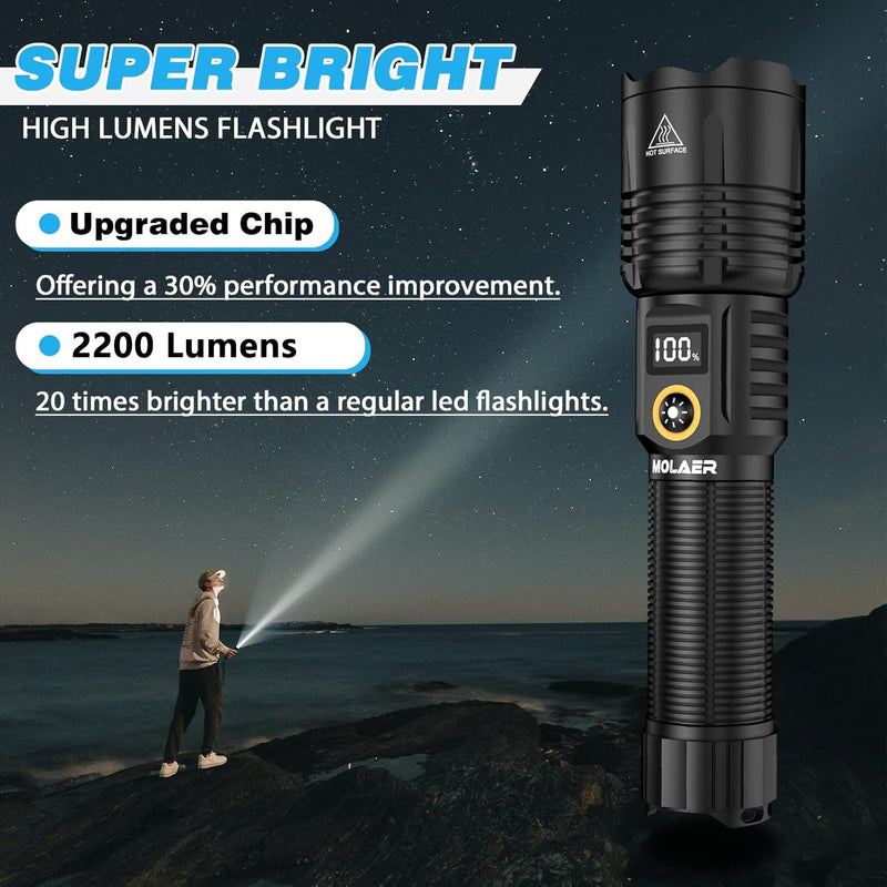 Rechargeable Flashlights 2200 High Lumens, Super Bright LED Flashlight with Zoomable, 6 Modes, IPX6 Waterproof, Powerful Tactical Handheld Flash Light for Camping, Hiking, Emergencies Black