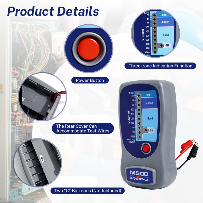 M500 Megohmmeter Portable Insulation Tester, with Soft Tool Kit | 500V, 20-1000 Megohms Range, for Compressors, HVAC & Electrical Equipment, High Precision Detection, Three-color Zone Display