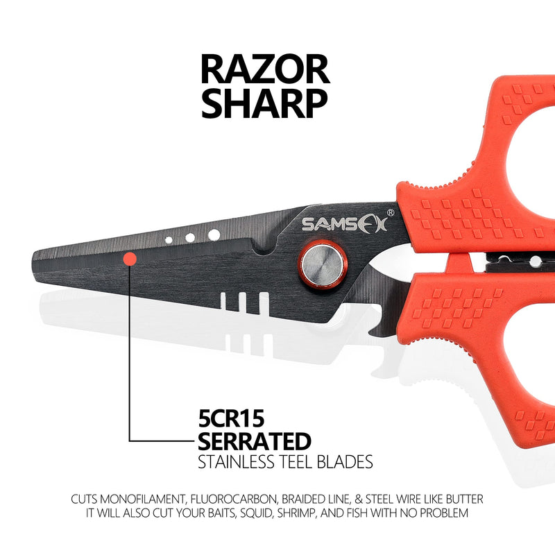 SAMSFX 6.5" Pro Fishing Shears Dual Serrated Blades, Fishing Braided Line Scissors with Titanium Coating, Non-Slip Grip & Multifunction Tool, Includes Hard Molded Locking Sheath & Coiled Lanyard A: Orange Kraton Handle, Hard Sheath