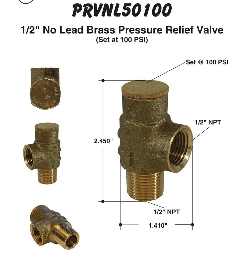 Merrill PRVNL50100 1/2" Lead-Free Brass Pressure Relief Valve, 100 PSI Adjustable Safety Valve for Cold Water Well, Pump & Plumbing Systems, 1/2" MNPT x 1/2" FNPT No-Lead Water System Protection Valve