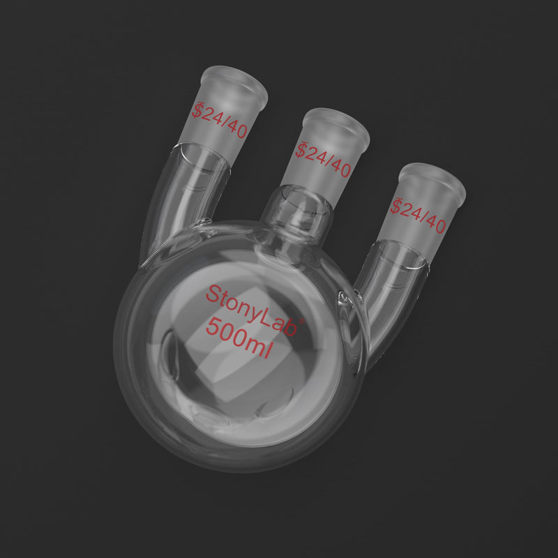 stonylab Round Bottom Flask with 3 Straight Neck-24/40 Standard Joints, 500 ml High Borosilicate Glass, Ideal for Chemistry, Laboratory, Scientific Experiments, Distillation, and Reflux Applications